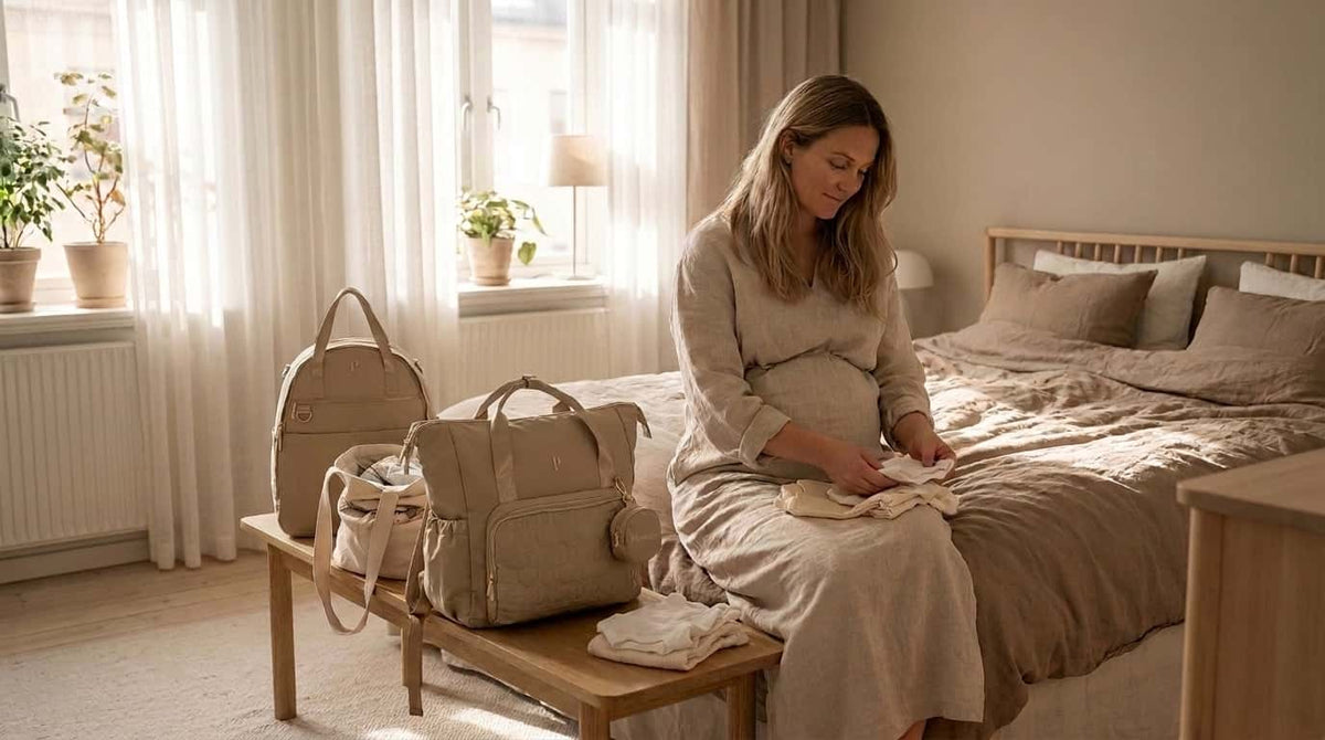 Futura mamá preparando con tranquilidad el bolso del hospital y la mochila pañalera en su habitación.