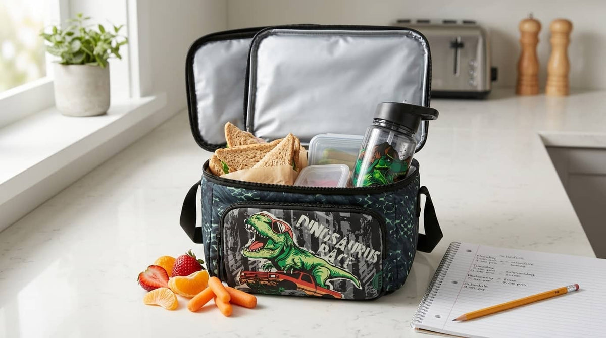 Lonchera escolar saludable y completa lista para el colegio sobre una mesa con tomatodo Porta.
